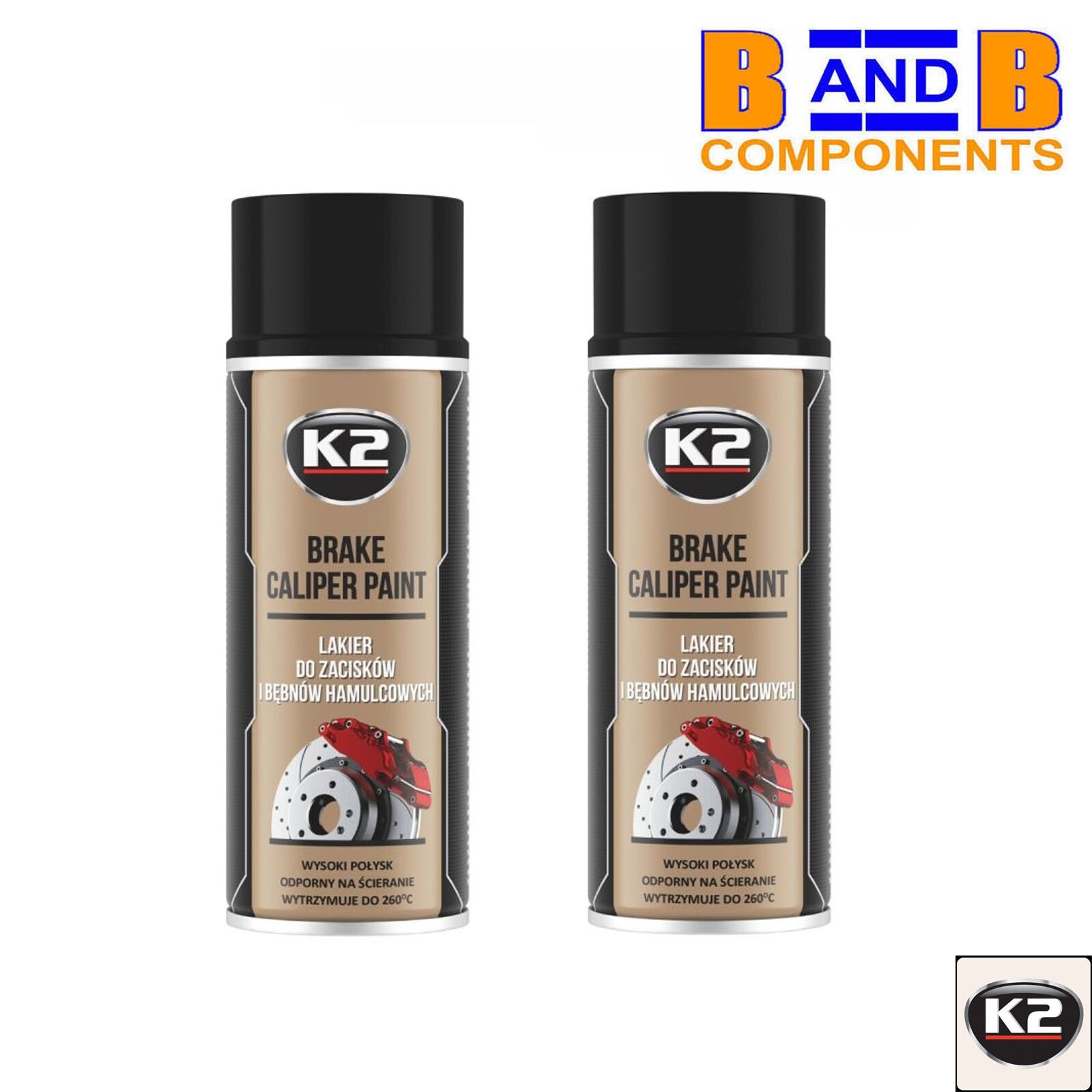 BLACK CALIPER PAINT SPRAY x 2 K2 PRO HIGH GLOSS HEAT RESISTANT 400ML A3010
