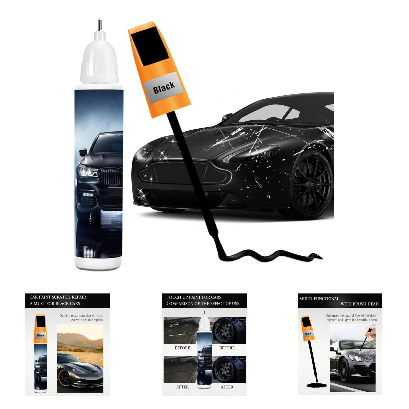 Black Car Touch Up Paint Pen 2-in-1 Gloss Automotive Scratch Repair Kit 0.4oz