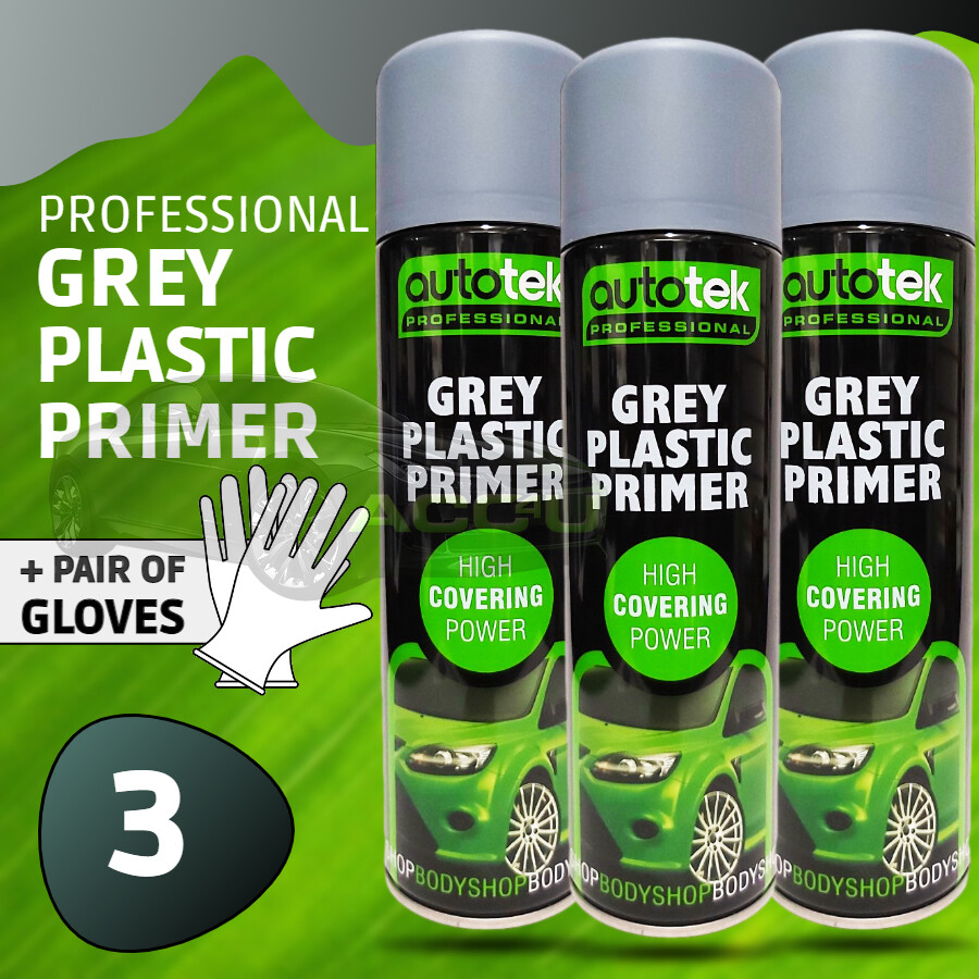 3 x Autotek GREY PLASTIC PRIMER Spray Paint Professional High Covering +G+CP