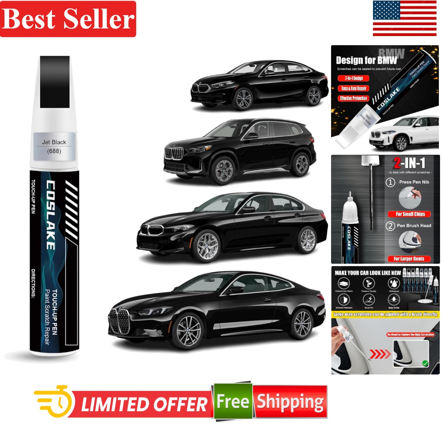 Car Touch Up Paint Jet Black 688 for BMW 0.41 Fl Oz Scratch Repair Kit