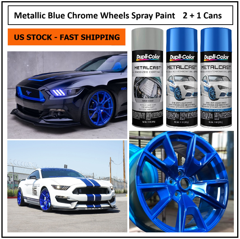 Metallic Blue Chrome Wheels Spray Paint Rim Steel Aluminum +Primer Coating 3Cans