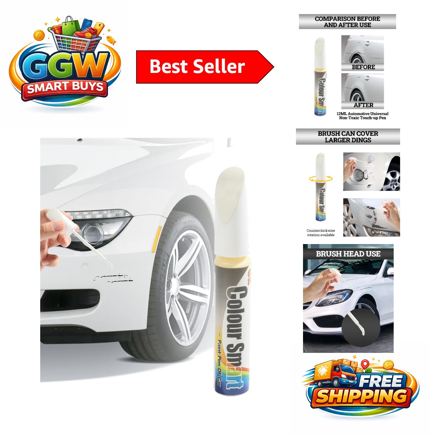 White Automotive Touch Up Paint Pen – Quick Scratch Eraser with Brush Applicator