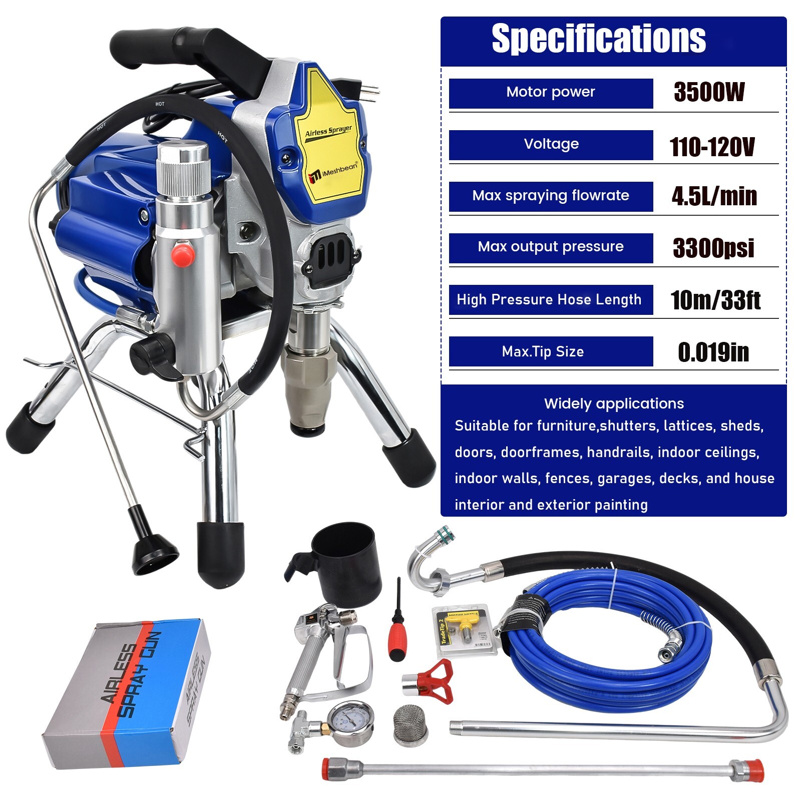 3500W Electric Airless Paint Sprayer High Efficient 3300PSI W/Extension Rod 110V