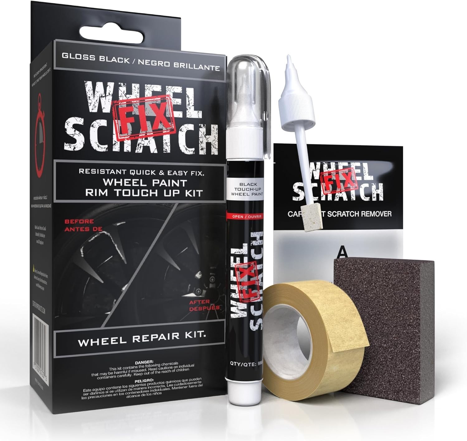 DIY Alloy Wheel Repair Kit with Gloss Black Paint for Scuff and Chip Removal