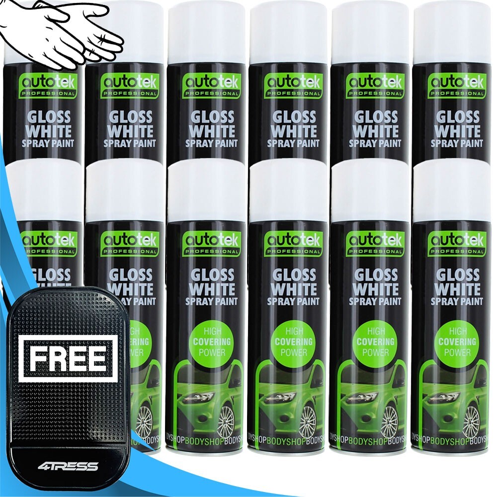 12 x 500ml Autotek Professional Gloss White Spray Paint High Covering Power+G+M