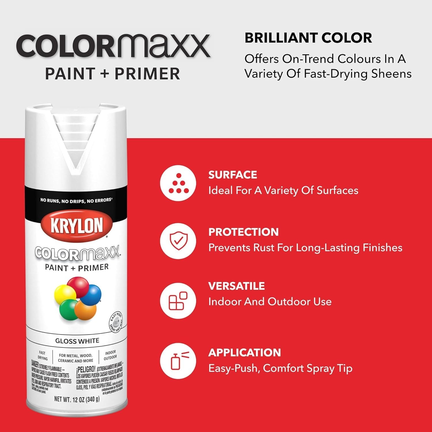 K0007 COLORmaxx Quick Dry Gloss White Spray Paint & Primer, 12 Oz Can – Easy Use