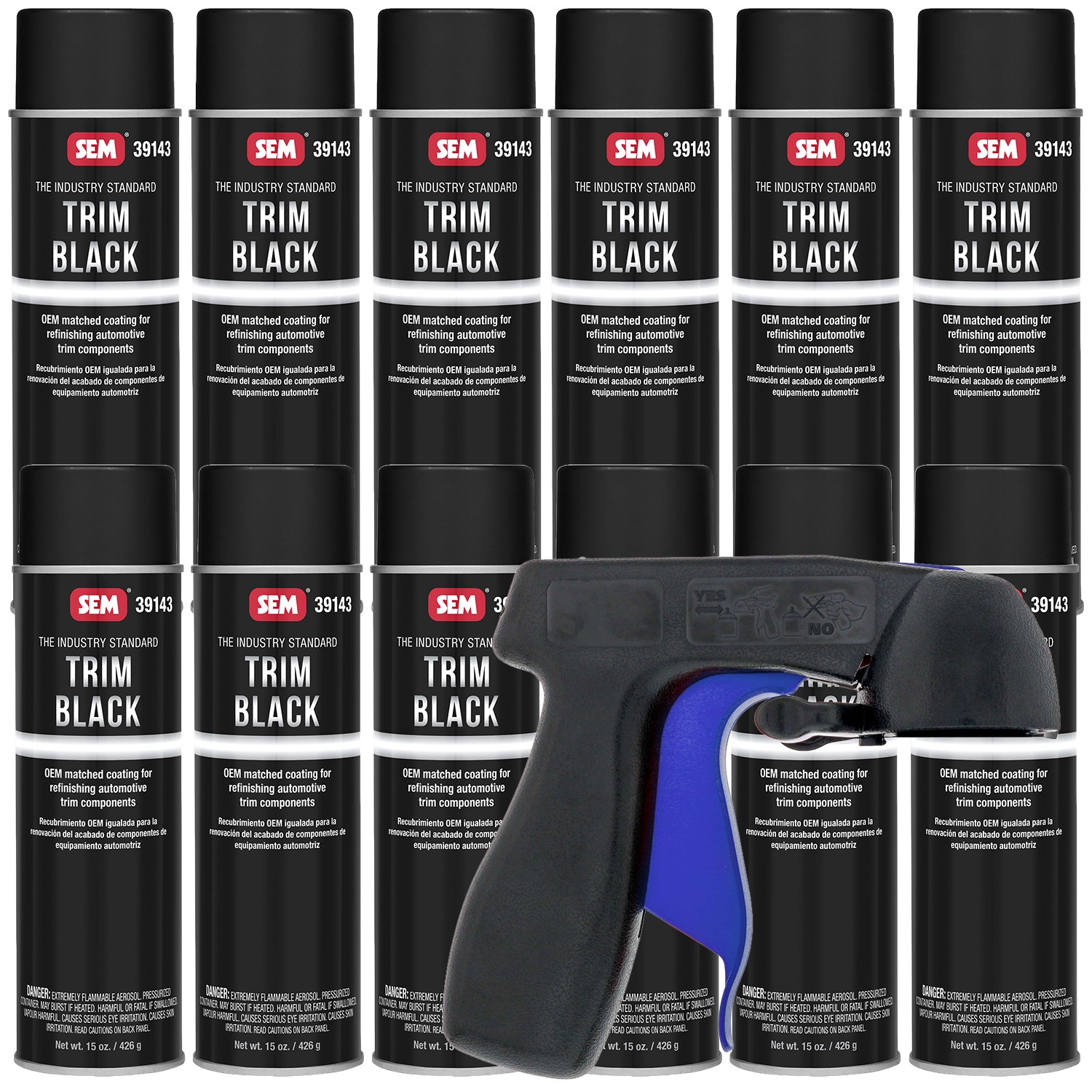 SEM Trim Black Aerosol Case of 12 with Spray Can Trigger Handle