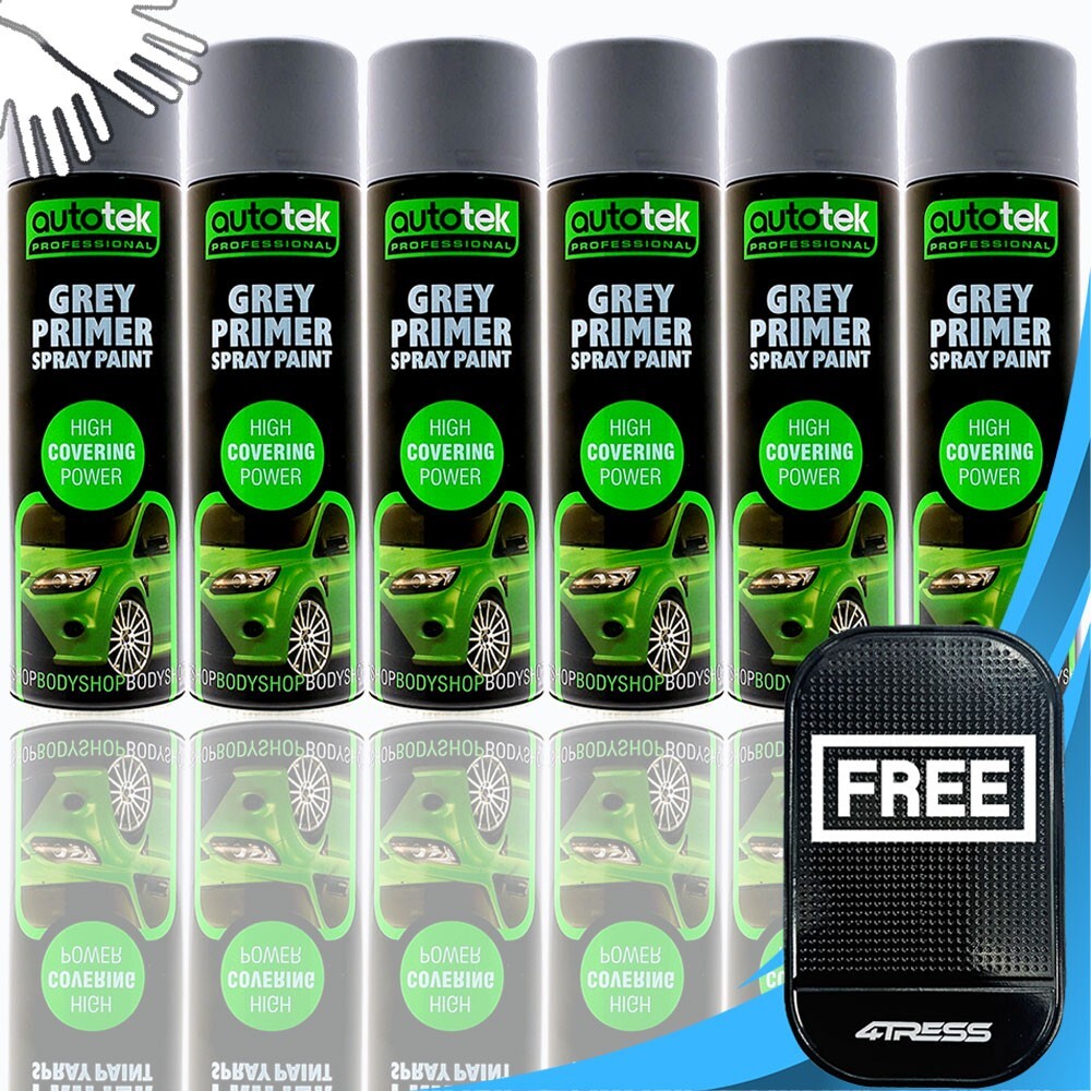 AUTOTEK GREY PRIMER Spray Aerosol Professional Fast Drying Paint 6 x 500ml+Gl+M