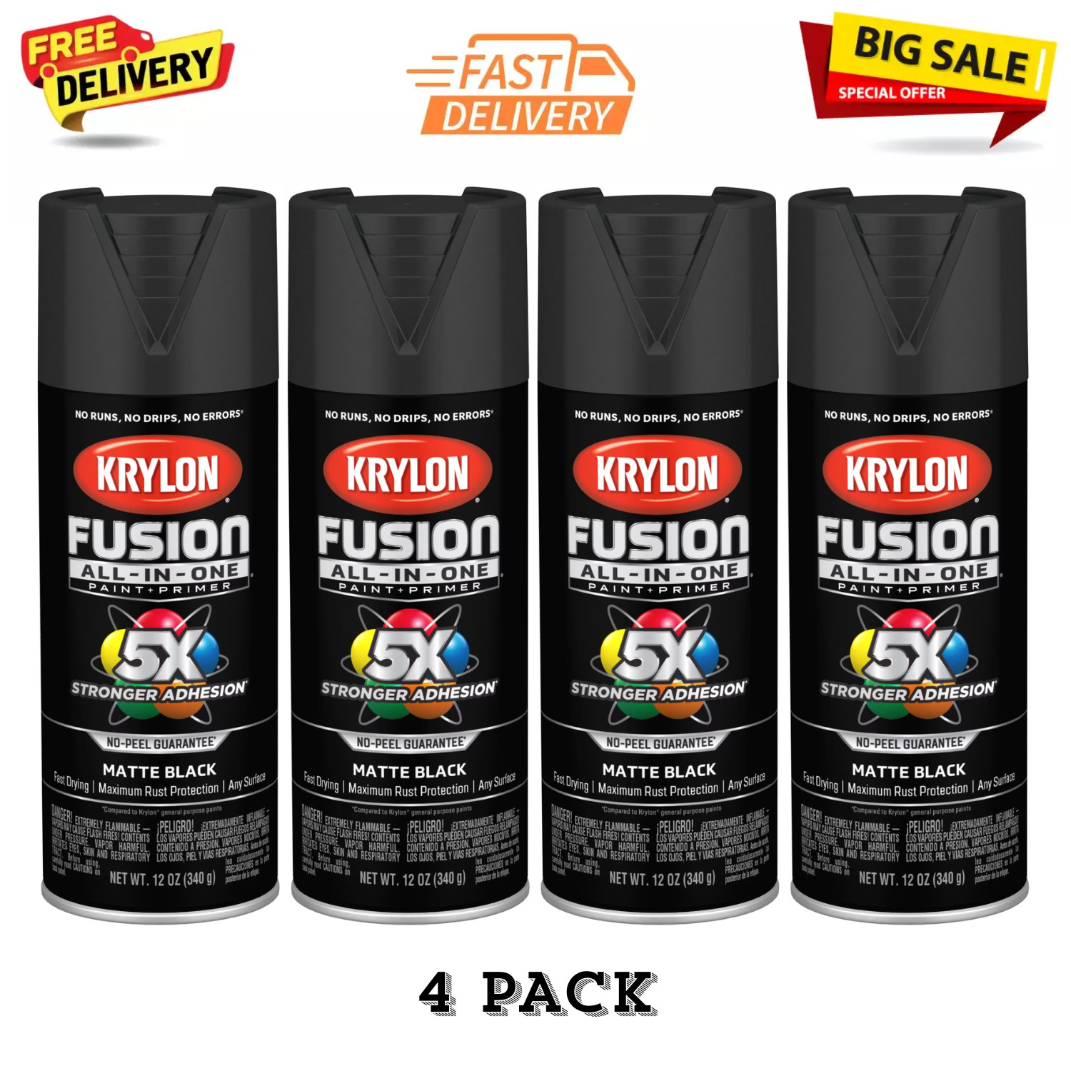 4 Pack Krylon Fusion All-In-One Matte Black Spray Paint 12oz Multi-Surface DIY