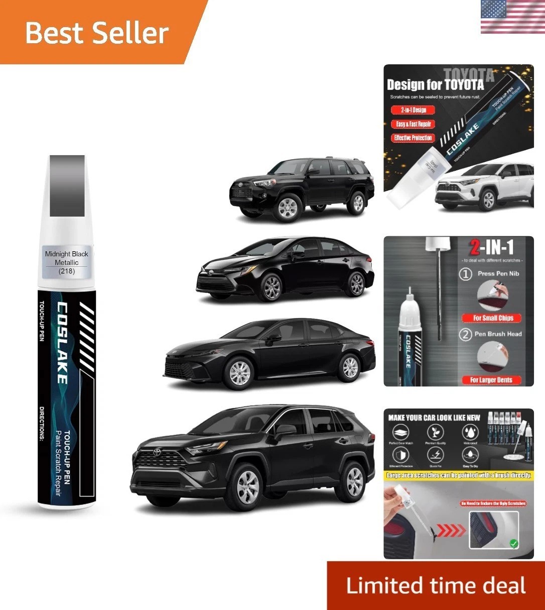 Car Scratch Repair Kit – Fast-Drying Midnight Black Metallic Paint, 12ml