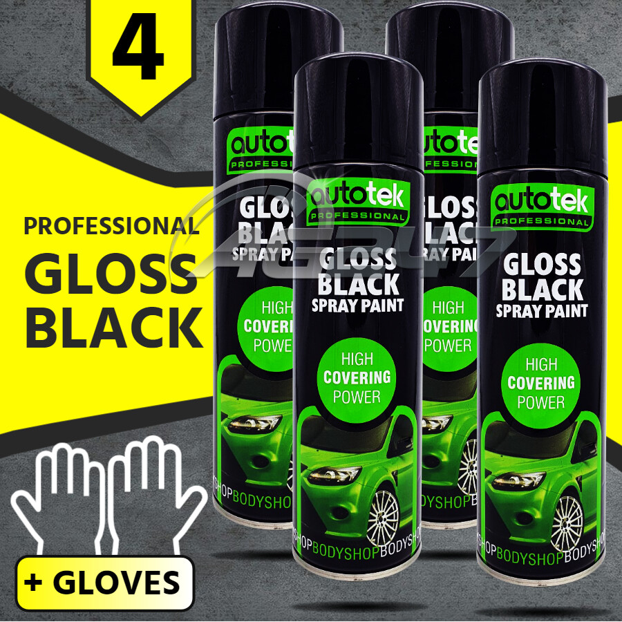 4 x 500ml AUTOTEK Professional Gloss Black Spray Paint Aerosol Can+Gloves+M