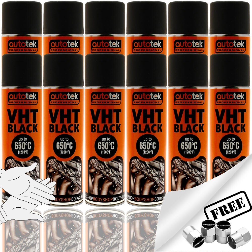 12x Autotek BLACK VHT Very High Temperature 650C Spray Paint Cans 500ml +G +CP