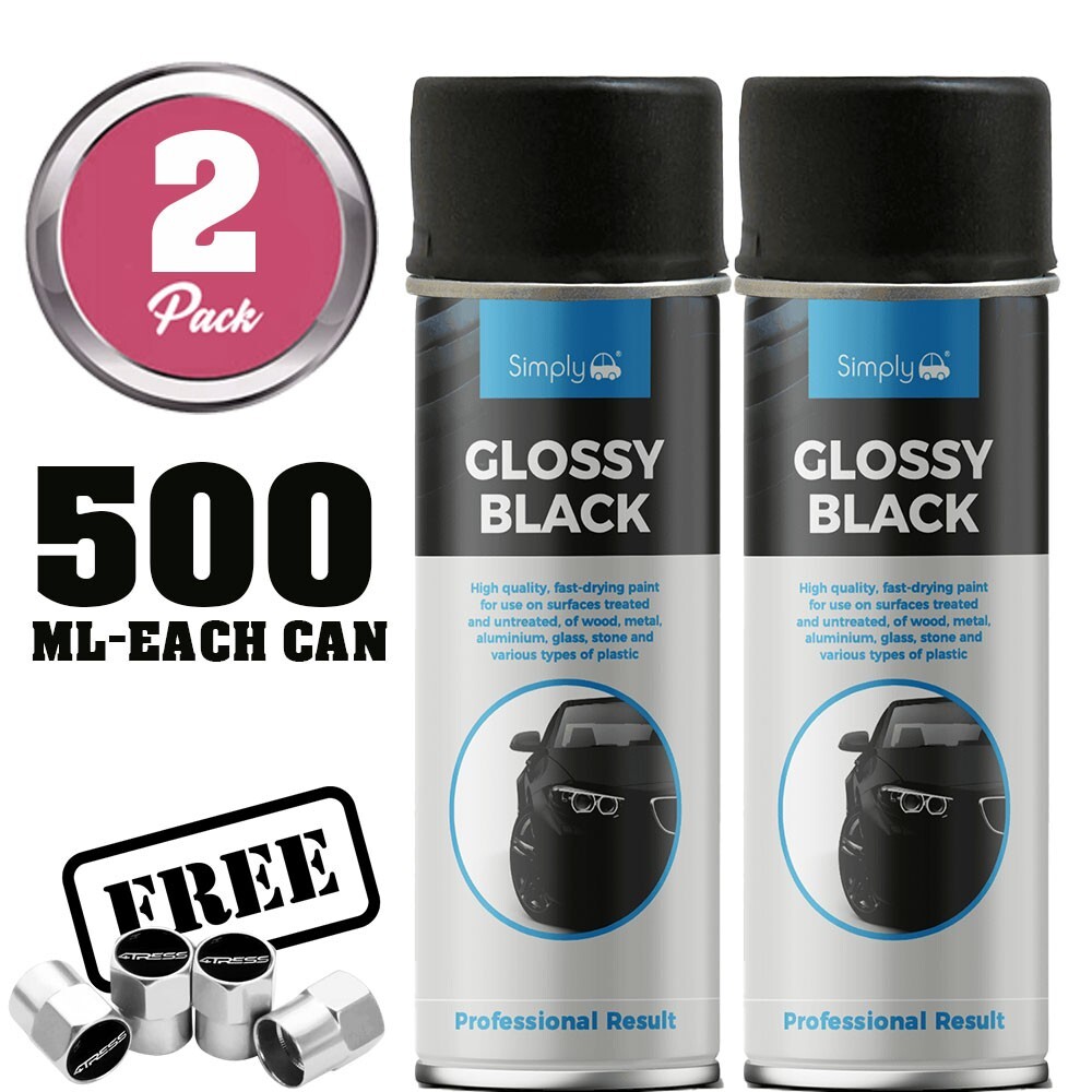2 x Simply GLOSS BLACK Spray Paint Metal, Wood, Plastic, Stone 500ml 022+CP