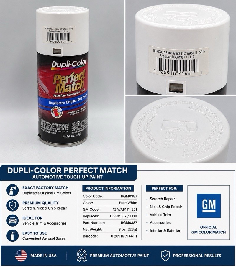 DUPLI-COLOR BGM0387 Perfect Match Pure White GM Touch Up Paint 8oz NEW