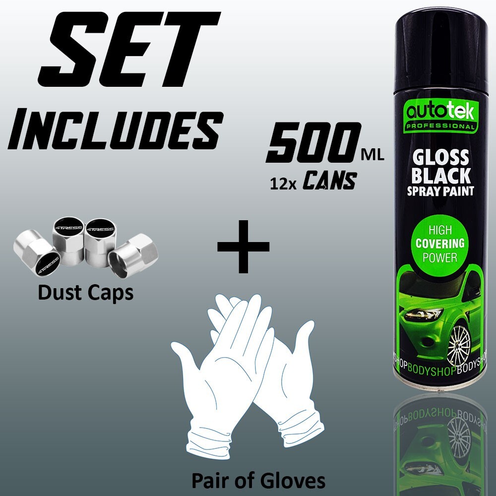 12 x Autotek GLOSS BLACK Spray Paint Professional High Covering Power Cans +G+CP