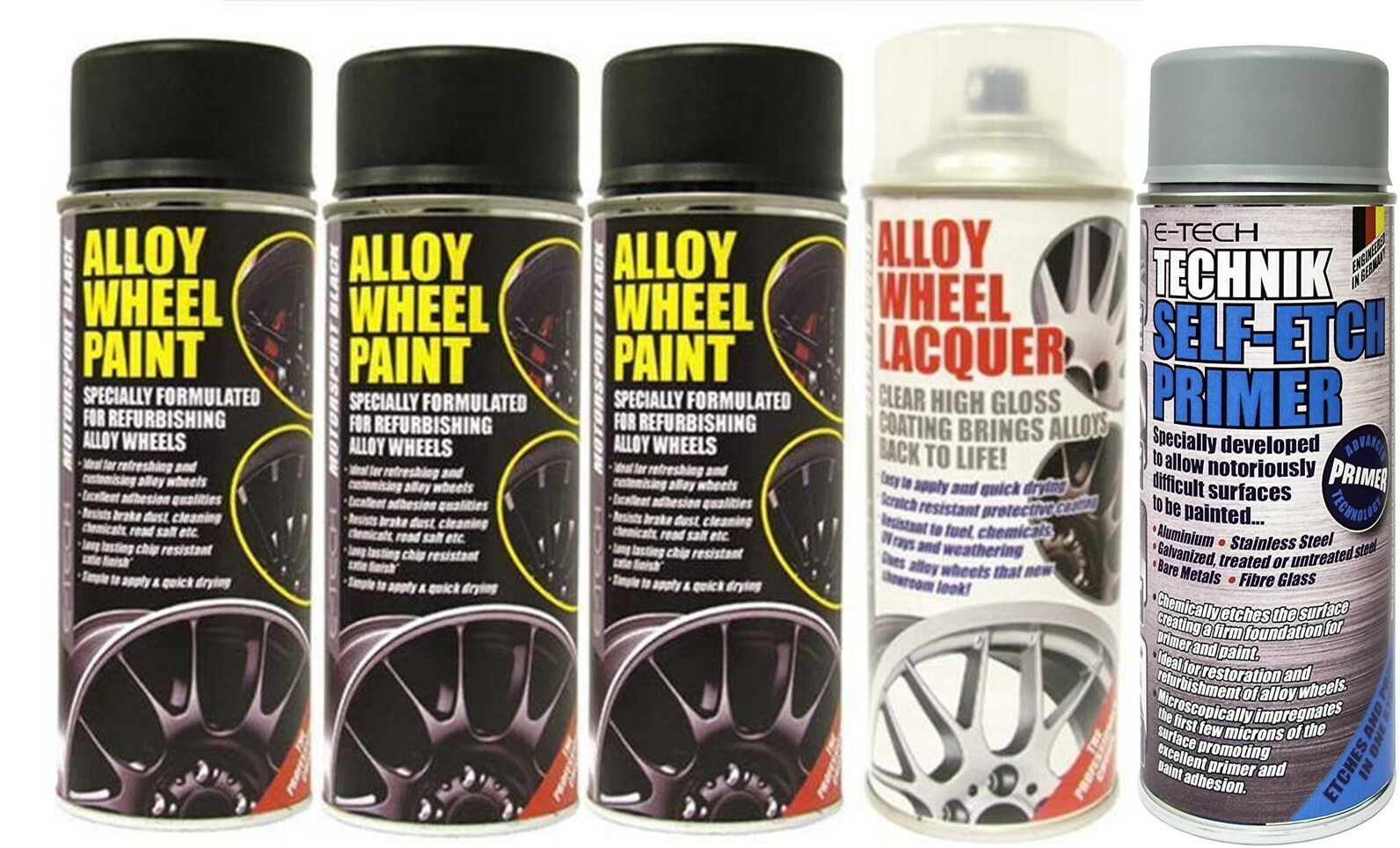 E-Tech 3 Black Paint 1x Lacquer 1x Etch Primer Car Alloy Wheel Spray Paint 400ml