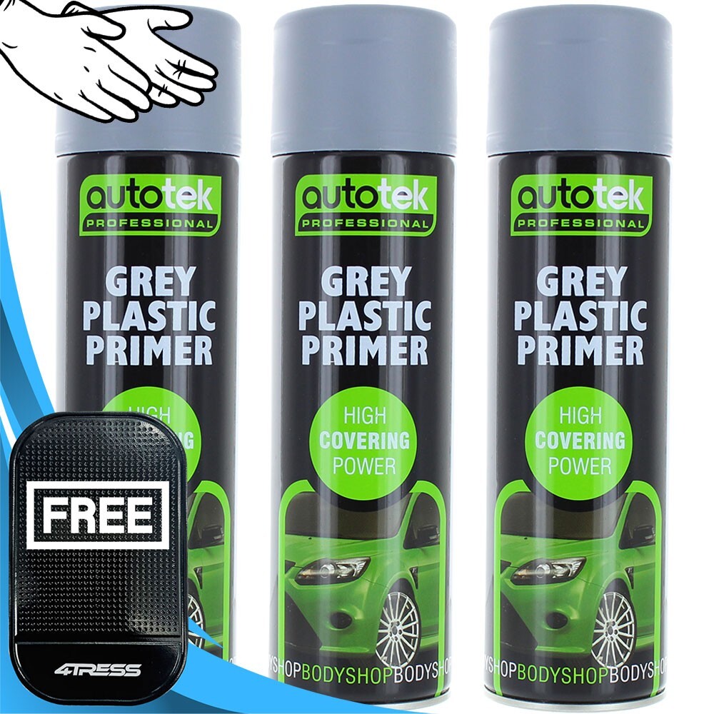 3x 500ml AUTOTEK Professional Fast Drying Grey Plastic Primer Spray Aerosol+G+M