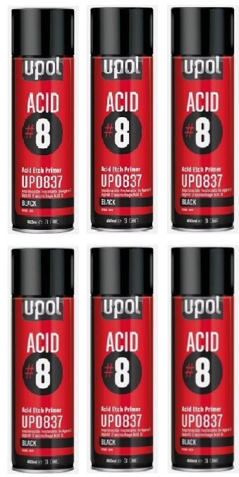 U-POL 837 Acid #8 Black 1K Etch Primer Auto Body Aerosol Spray 450 ml (6 Pack)