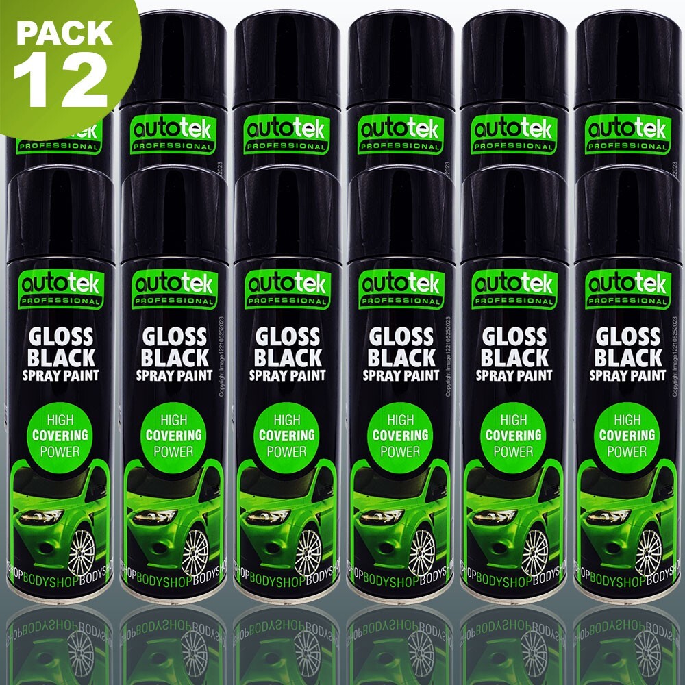 12 x Autotek GLOSS BLACK Spray Paint Professional High Covering Power Cans +G+CP