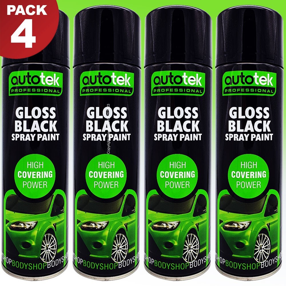 4 x 500ml AUTOTEK Professional Gloss Black Spray Paint Aerosol Can+Gloves+M