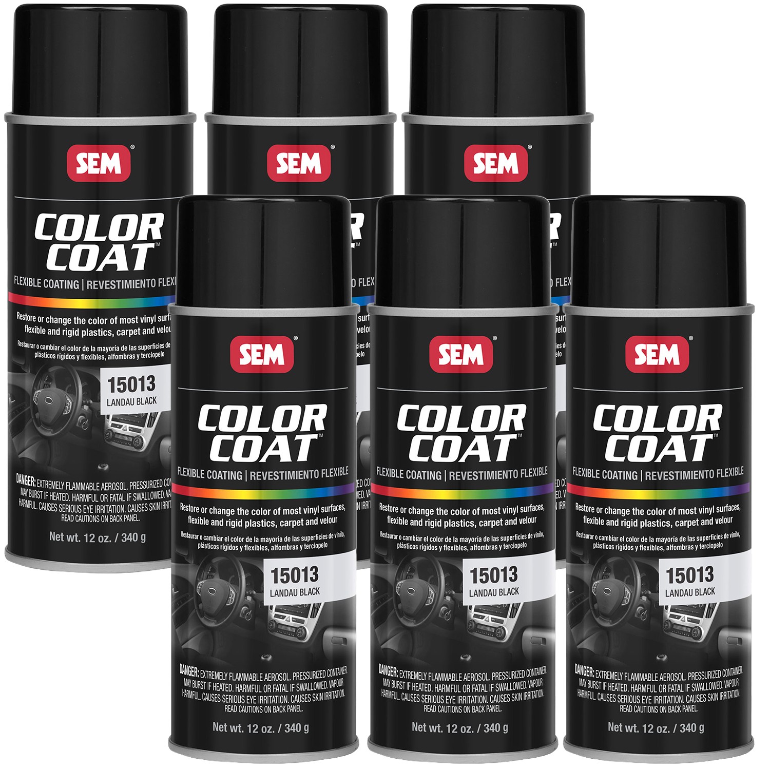 SEM Color Coat Landau Black Vinyl Spray Auto Paint 12 oz. SEM 15013, 6 Pack