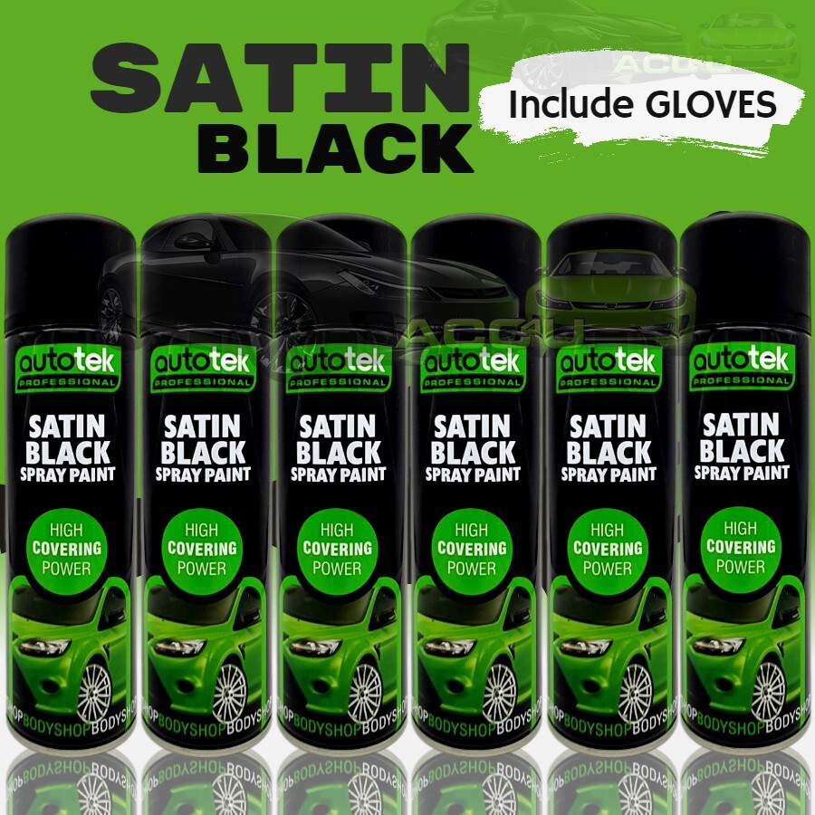 6 x 500ml AUTOTEK Professional Satin Black Spray Paint Aerosol Can+Gloves+M
