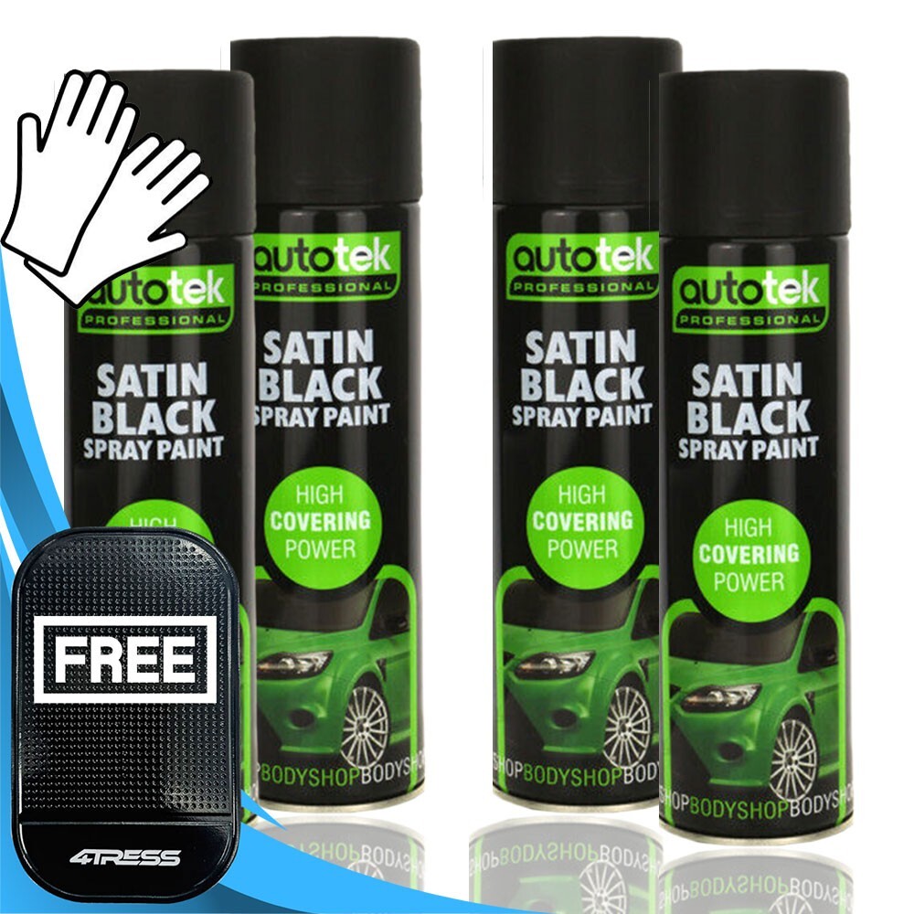 4 x 500ml AUTOTEK Professional Satin Black Spray Paint Aerosol Can+Gloves+M