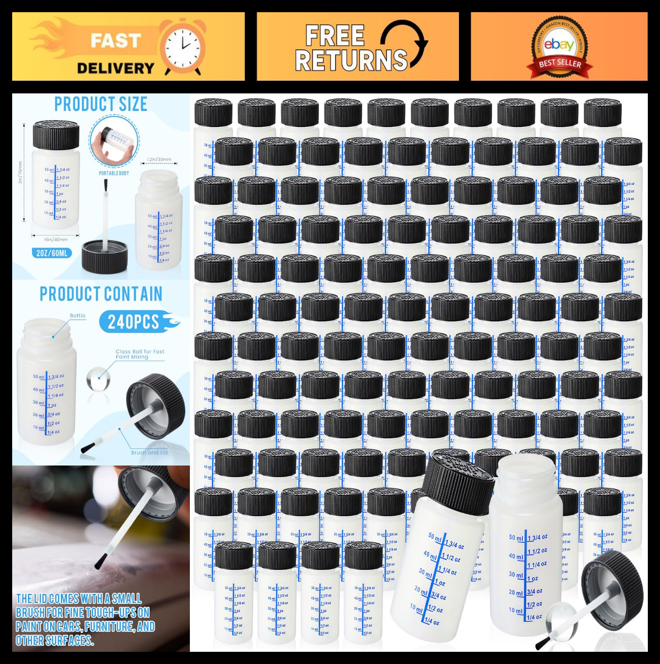 120 Pcs Touch Up Paint Bottles with Brush & Lid – 2 oz Empty Containers for Car