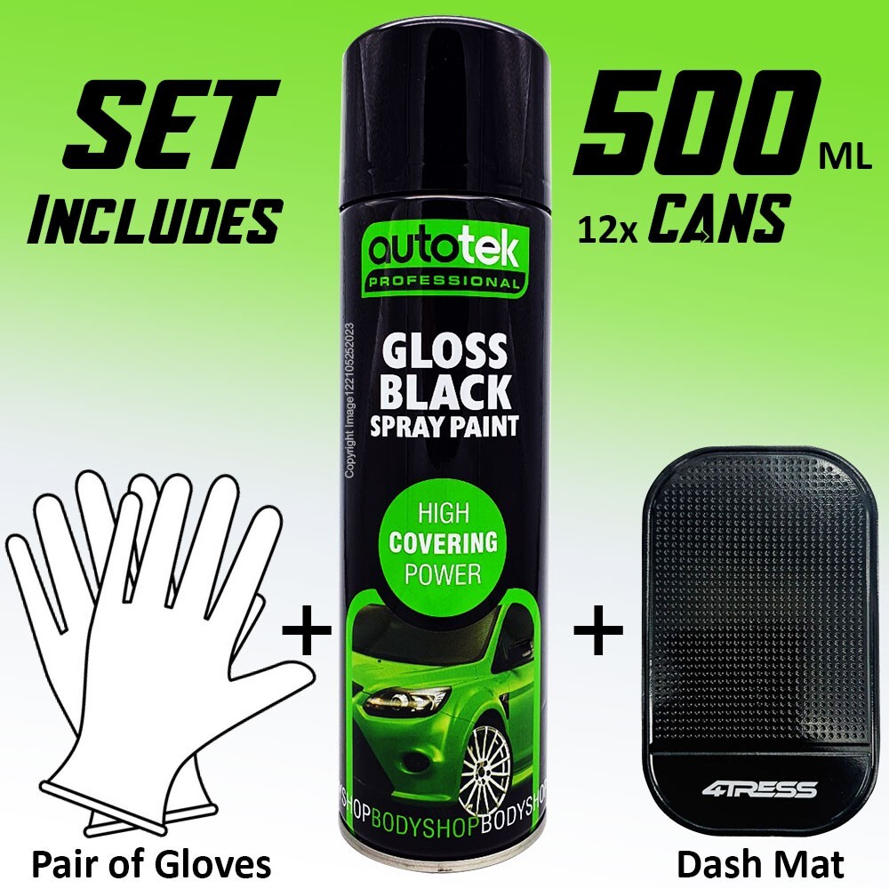 12x 500ml AUTOTEK Professional Gloss Black Spray Paint Aerosol Can GB500+G+M