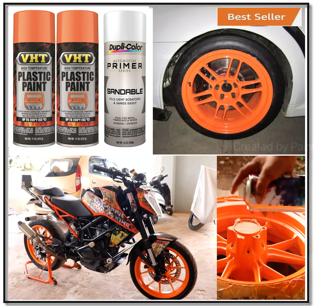 3 Cans Wheels Orange Spray Paint Rims Steel Metal Aluminum Plastic + Primer Coat