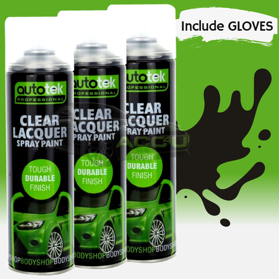3 x Autotek GLOSS CLEAR LACQUER Spray Paint Professional Bodyshop Can+Glove+CP