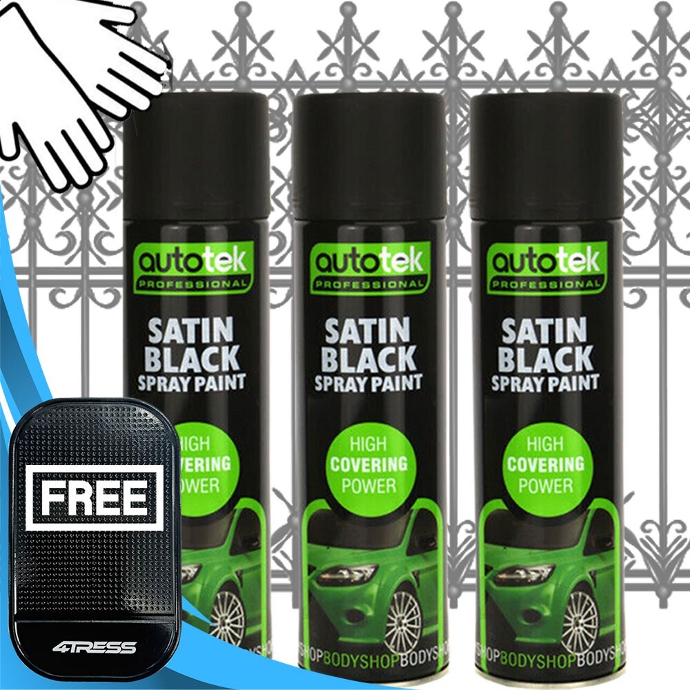 3x 500ml AUTOTEK SATIN BLACK Metal Gate Grills Pipes Spray Paint Cans SB500+G+M