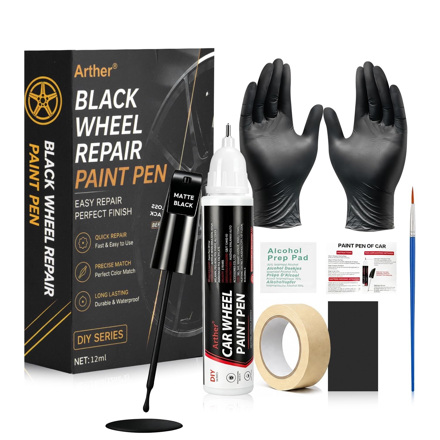 Matte Black Rim Repair Paint Pen – Scratch Resistant Enamel for Alloy Wheels, Cu