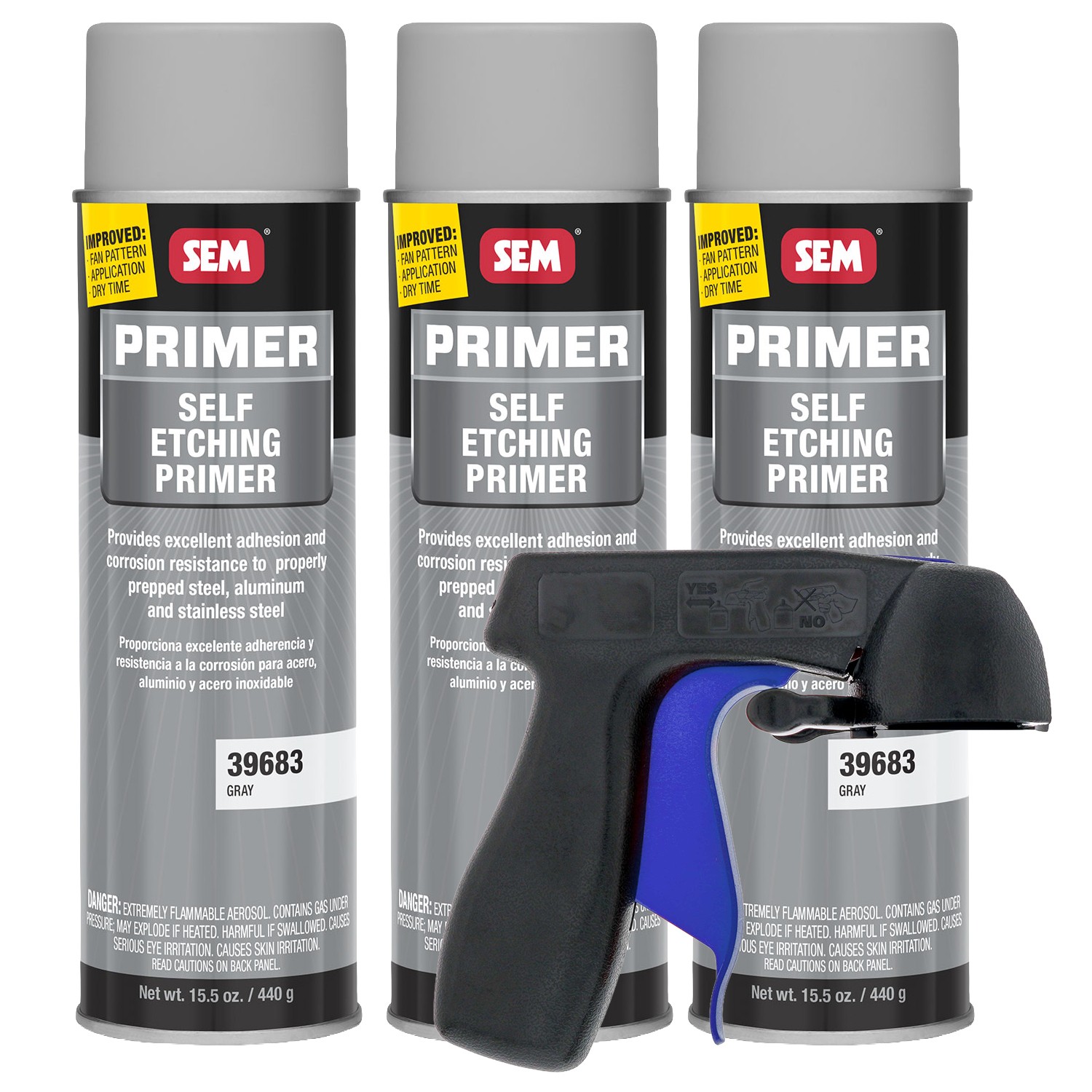 SEM 39683 Self Etching Primer Gray 15.5oz. 3 Pack with Spray Can Trigger Handle