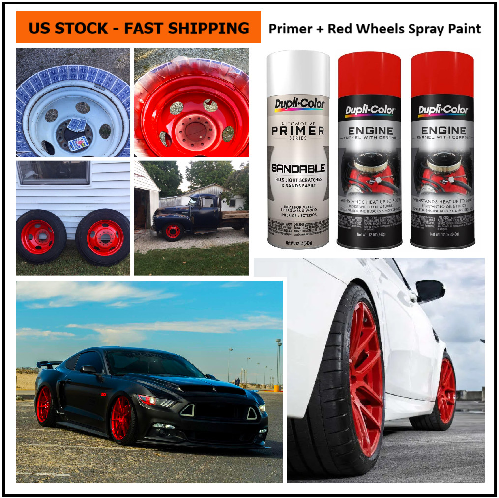 Gloss Red Wheels Spray Paint Rims Steel Aluminum Plastic +Primer Coating 3 Cans