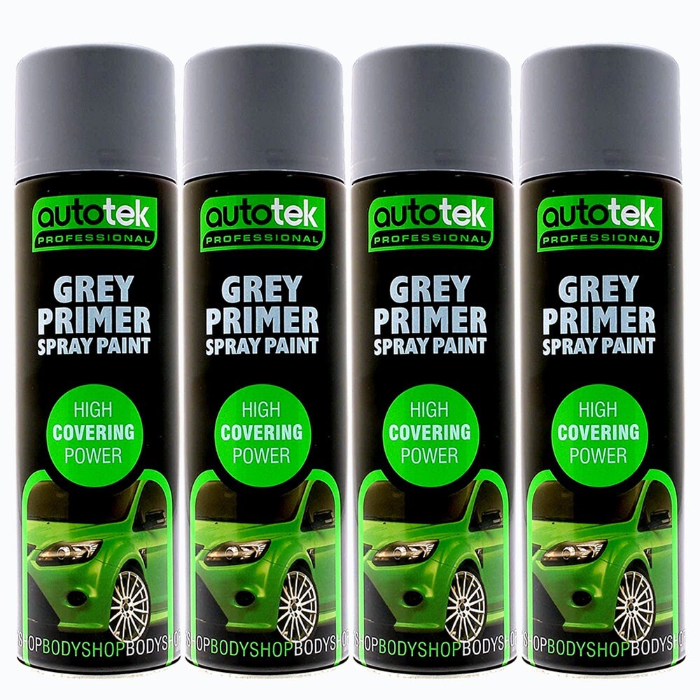 AUTOTEK GREY PRIMER Spray Aerosol Professional Fast Drying Paint 6 x 500ml+Gl+M