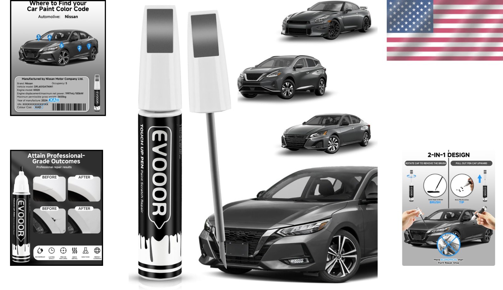 Gun Metallic Touch Up Paint for All Nissan Models, 2-in-1 Pen Design – 0.4 Fl Oz