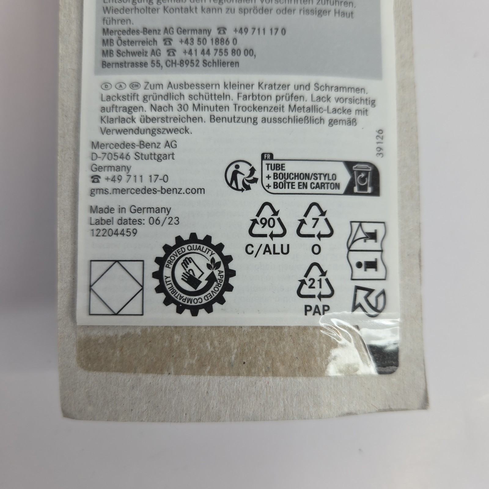 Mercedes-Benz Genuine Touch-Up Paint Stick 9960 Alabasterweiss Color 12ml 0.4