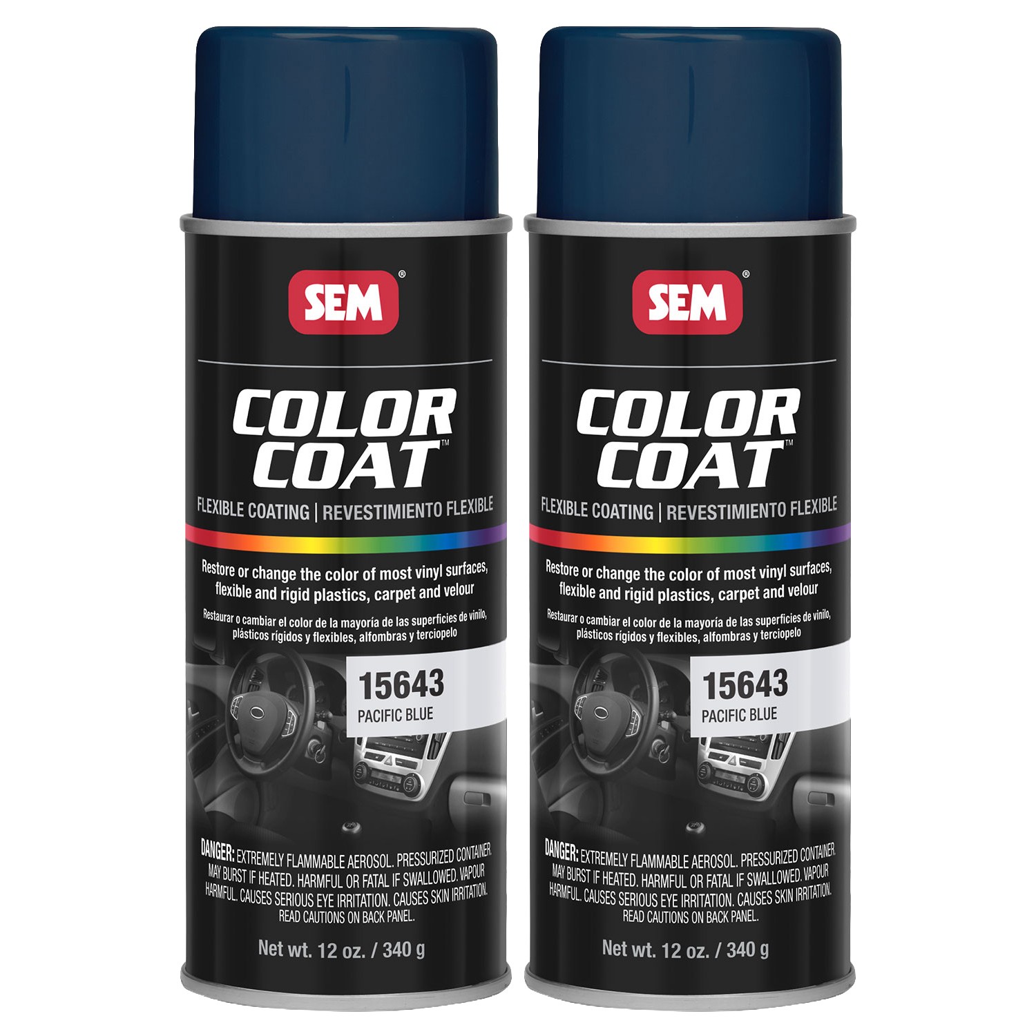 SEM Color Coat Pacific Blue Vinyl Spray Auto Paint 12 oz. SEM 15643, 2 Pack