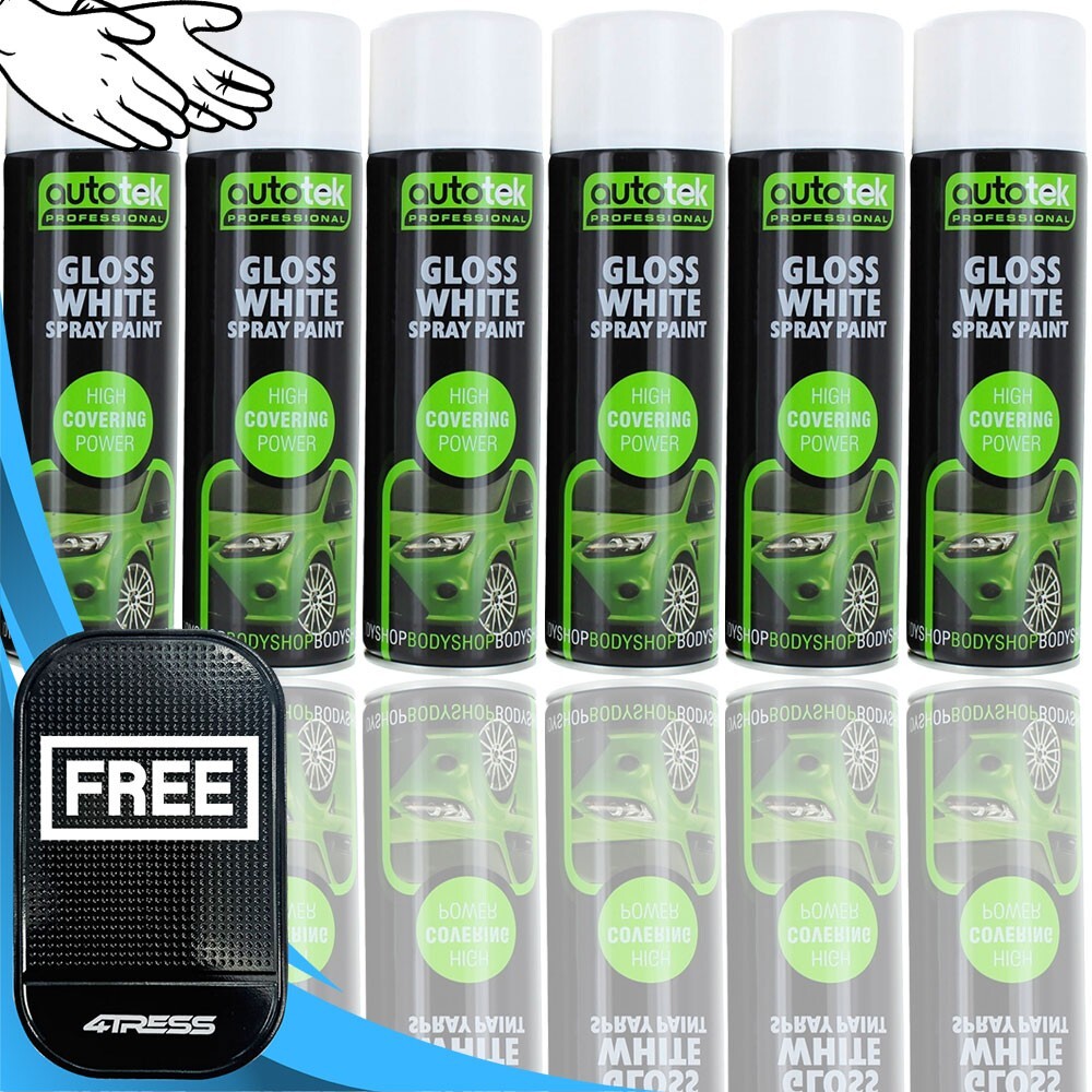 6 x 500ml Autotek Professional Gloss White Spray Paint High Covering Power+G+M