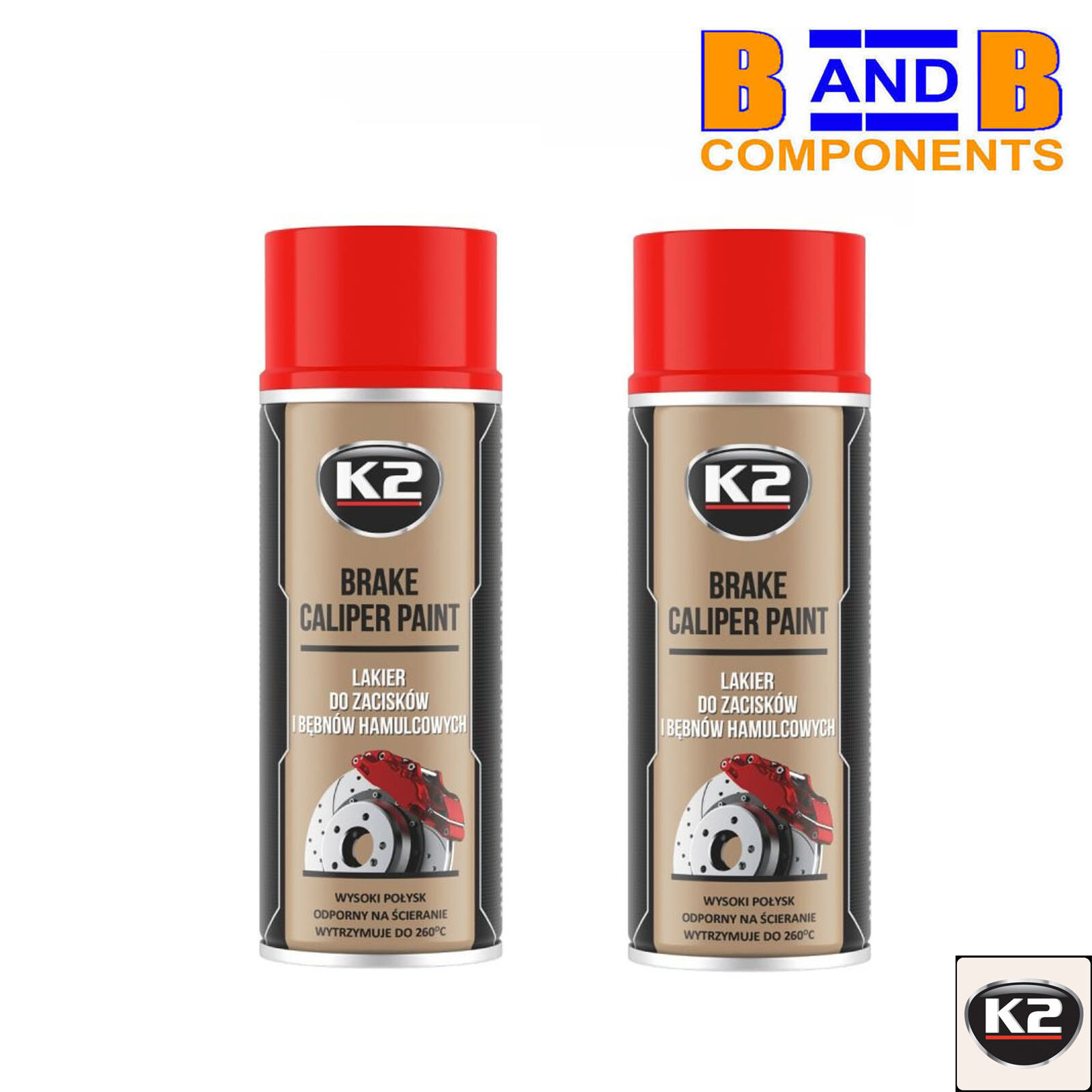 RED CALIPER PAINT SPRAY x 2 K2 PRO HIGH GLOSS HEAT RESISTANT 400ML A3006