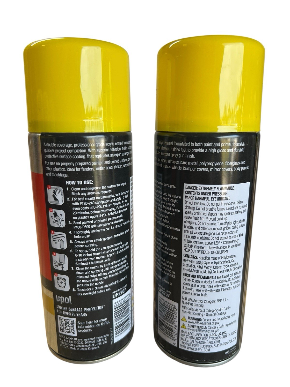 (2) UPOL Premium Gloss Yellow Spray Paint UP2707 Expert Acrylic Enamel 10oz