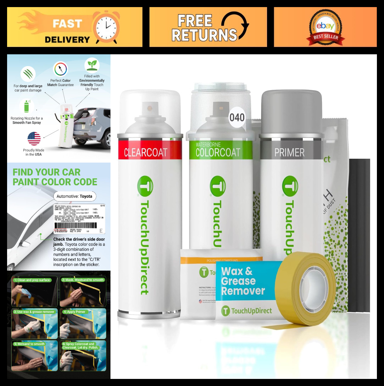 Car Paint Touch Up Spray Kit – Toyota 040 Super White, Scratch Repair & Clearcoa