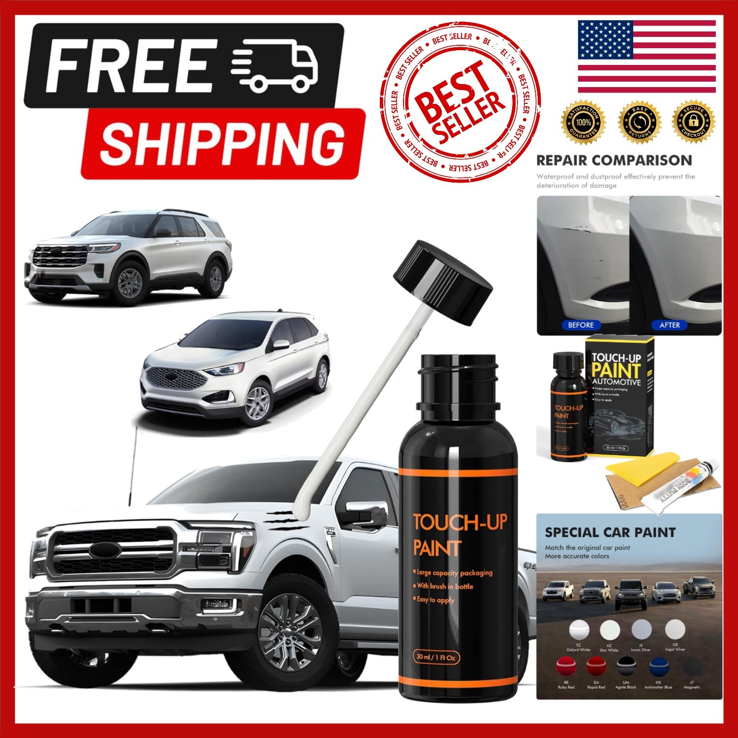Rust-Resistant Star White Car Scratch Repair for Ford, 1 Fl Oz Quick Fix Paint