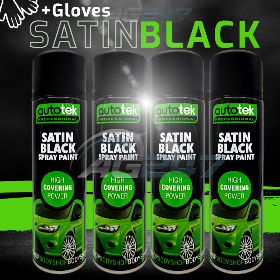 4 x 500ml AUTOTEK Professional Satin Black Spray Paint Aerosol Can+Gloves+M
