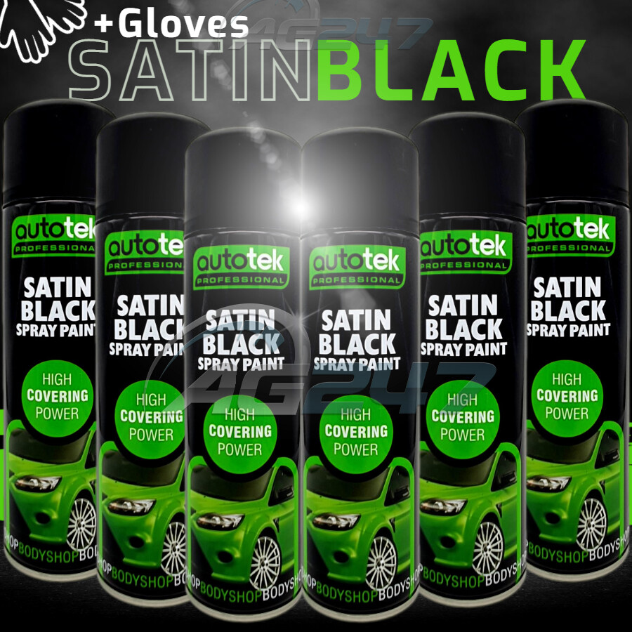 6 x 500ml AUTOTEK Professional Satin Black Spray Paint Aerosol Can+Gloves+M
