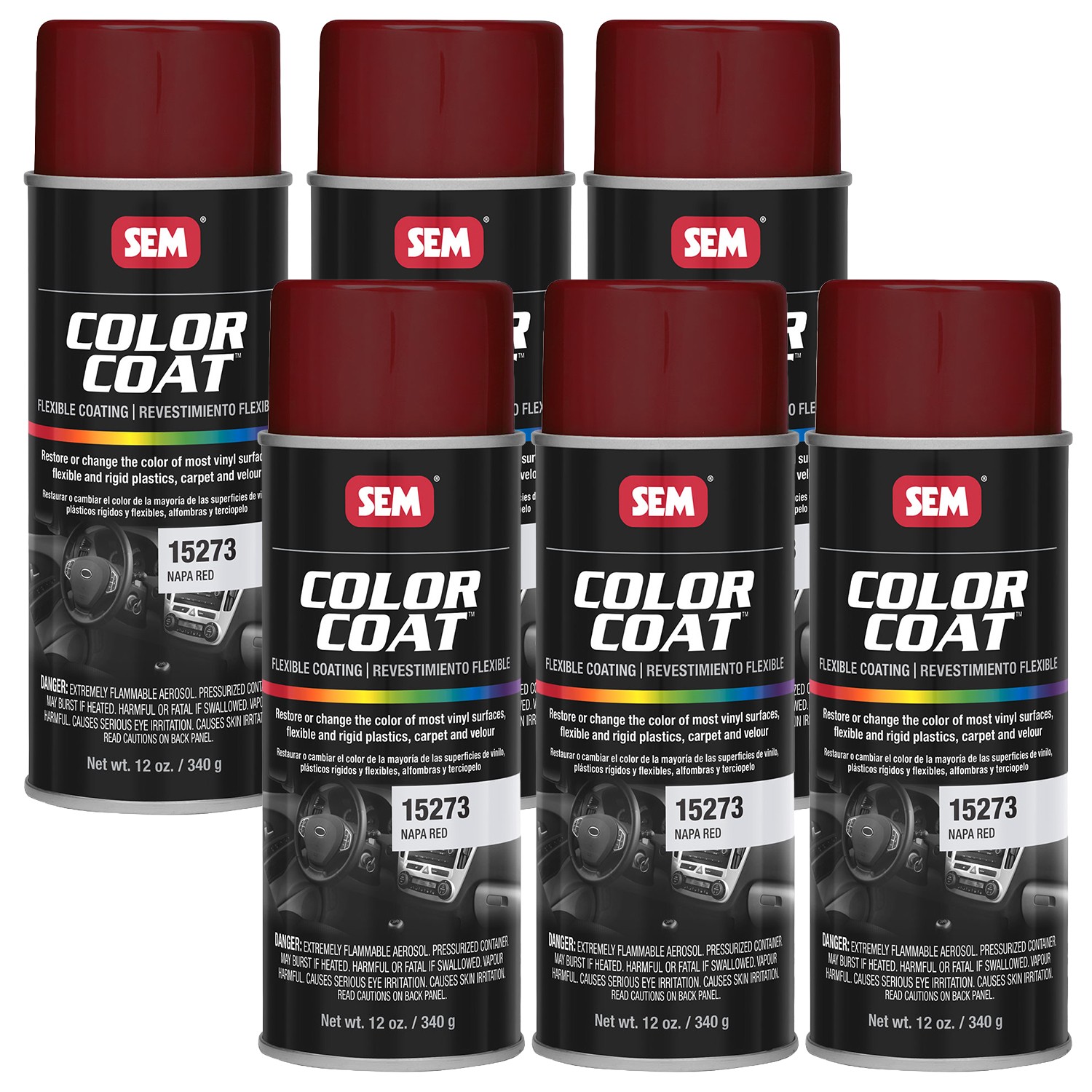 SEM Color Coat Napa Red Flexible Vinyl Spray Auto Paint 12 oz. SEM 15273, 6 Pack