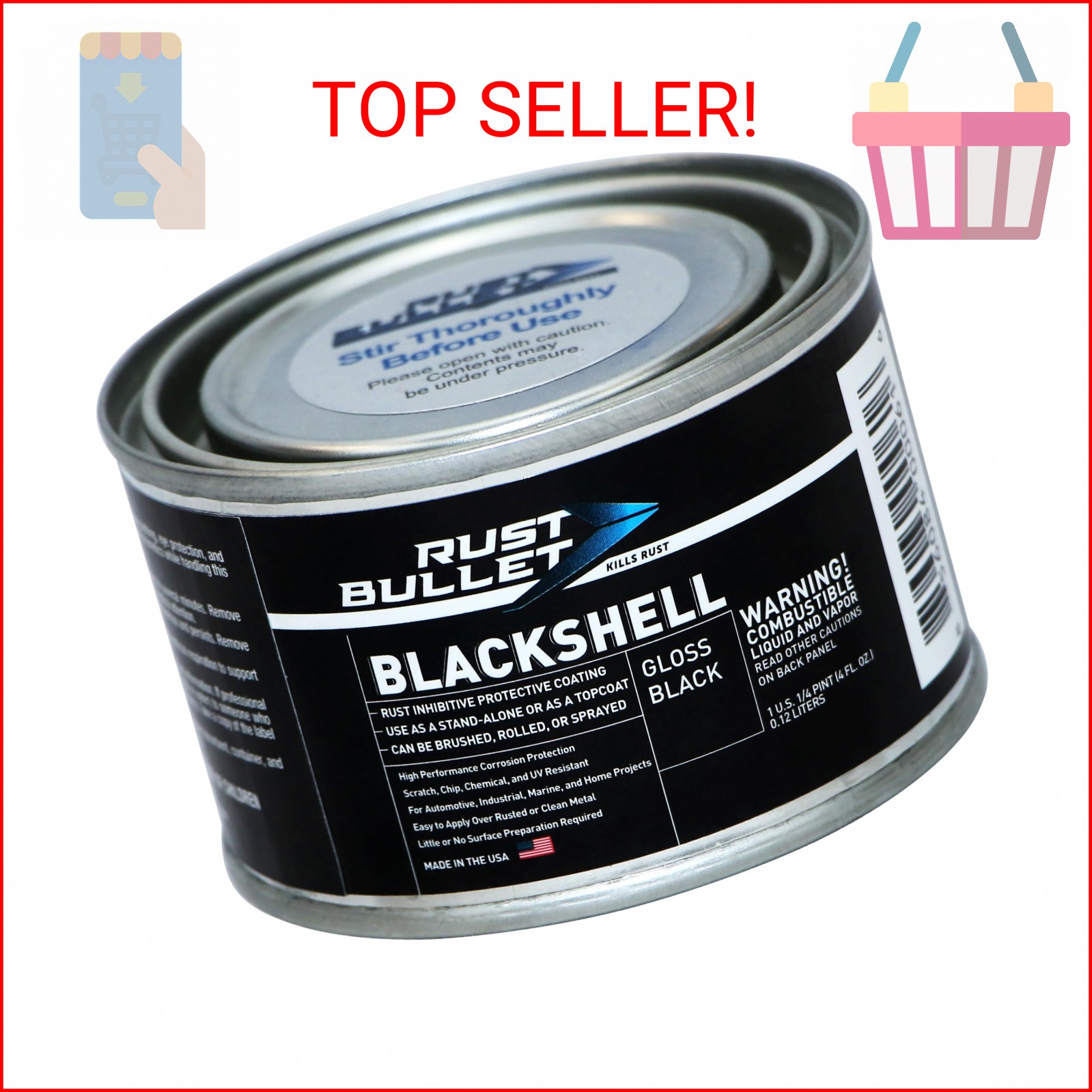 RUST BULLET BlackShell – Gloss Black – 4 Oz – Corrosion Preventive Coating, UV R