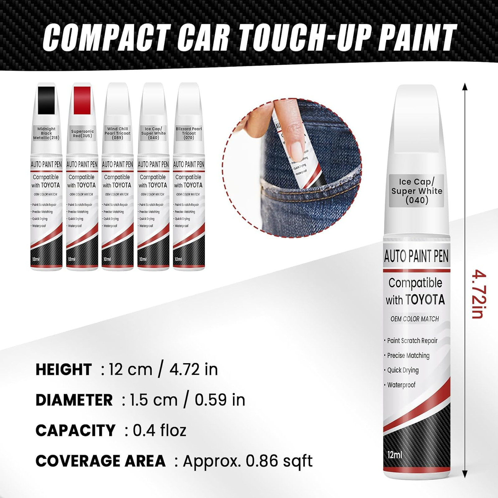Automotive Touch Up Paint, Ice Cap Super White 040, 0.4 fl oz, Toyota Avalon