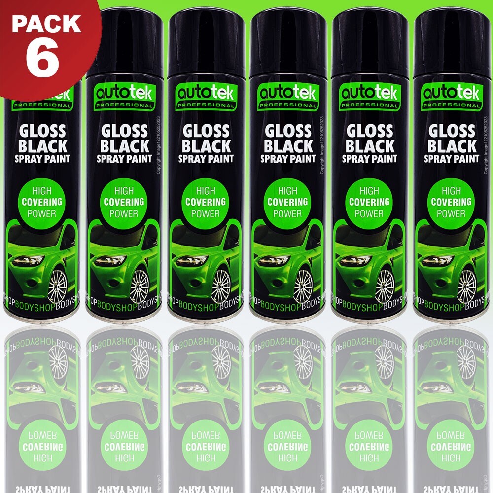 6 x 500ml AUTOTEK Professional Gloss Black Spray Paint Aerosol Can+Gloves+M